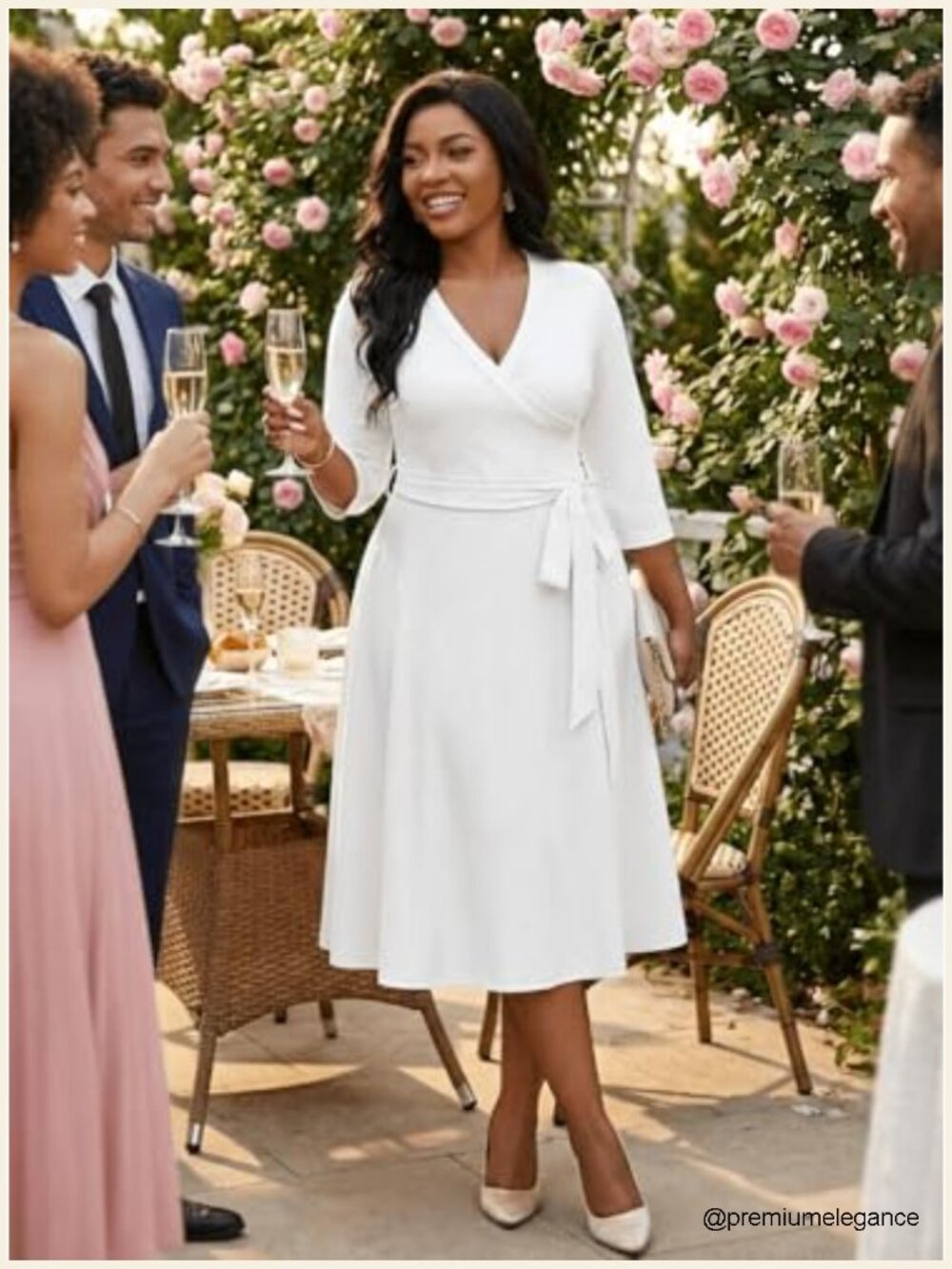 Plus Size Wrap Cocktail Dress with Pockets 3/4 Sleeve V Neck Midi - Picture 5 of 7